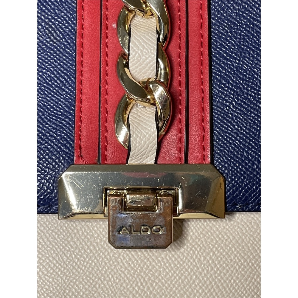 ALDO Crossbody Purse Bag Blue Cream Red Gold Accents Zipper Pocket Buckle July 4 - Picture 2 of 16